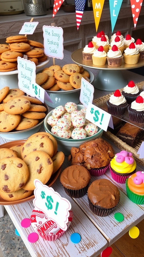 A vibrant bake sale table showcasing cookies, brownies, and cupcakes for $1 each.